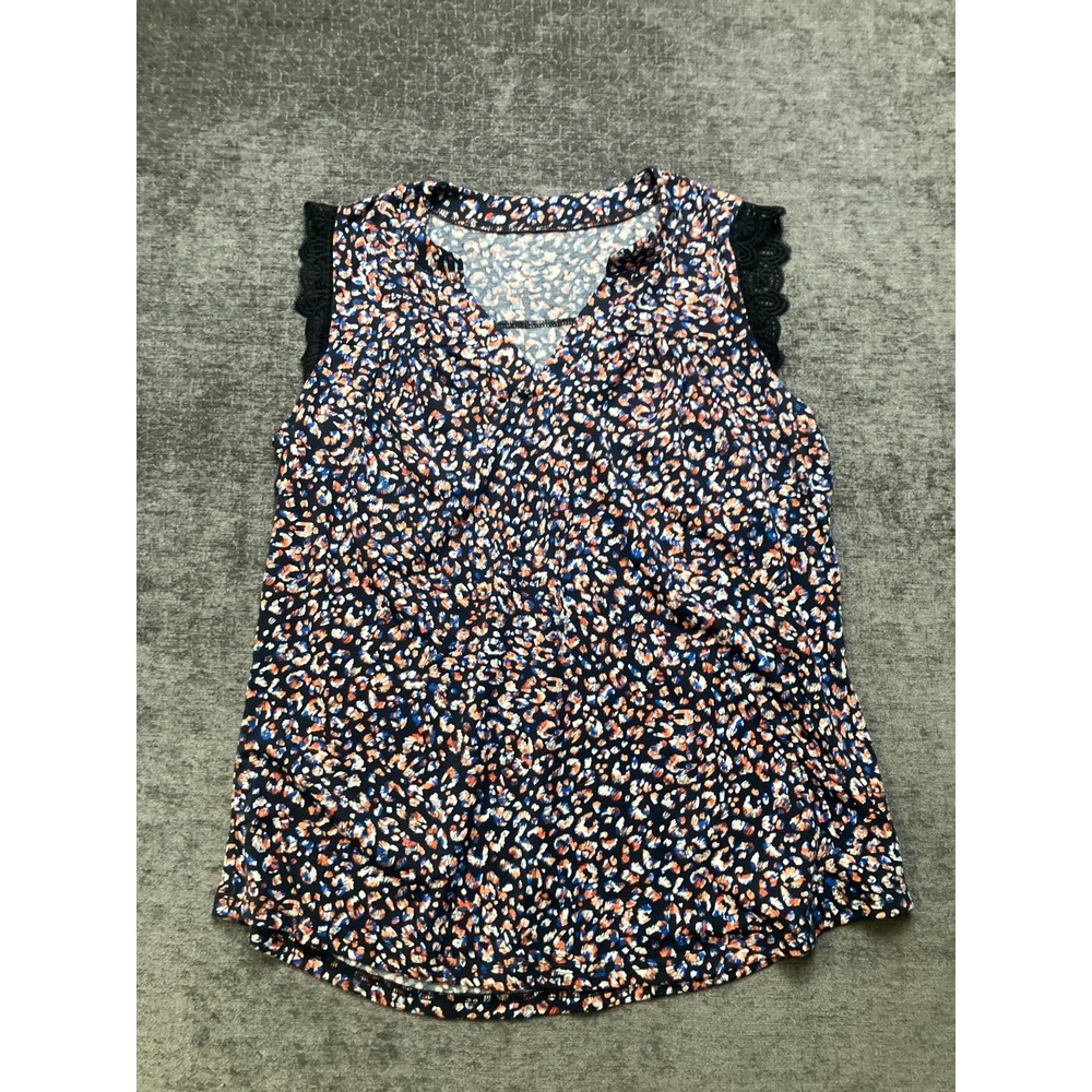 Blingfit Tank Top Womens XL Navy Blue Ditsy Floral Guipure Lace Summer V-Neck